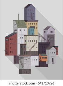 Small urban town with buildings, warehouse, church and factory. Flat vector illustration. 