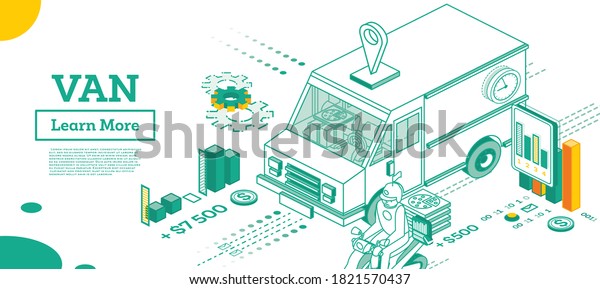 Small Van Car.\
Isometric Commercial Transport. Vector Illustration. Infographic\
Element of Logistics System. Car for Carriage of Goods. Scooter\
with Pizza. Delivery\
Concept.