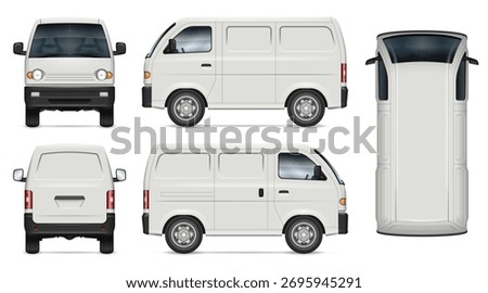Small van vector mockup in white for vehicle branding, corporate identity. View from the side, front, back, top. All elements in the groups are in separate layers for easy editing and recolor.