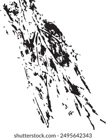 small various lines and spots of different sizes in grunge style drawn with black paint in a chaotic order in the shape of a leaf, vector