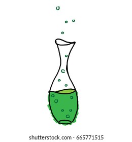 A small vase with green liquid and bubbles. Vector illustration. A sketch of a vase.