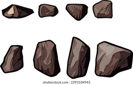 Small vector art collection set of eight brown 2d bolder rock natural formation variations for graphic  
 game design or sticker collection projects. Toon style asset pack.