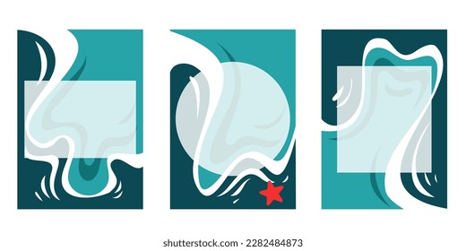 Small vector cards for wishes, notes, names. Postcard templates in nautical style, waves, blue breeze, starfish.