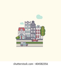 Small vector cityscape - a cozy street in the trendy European-style linear