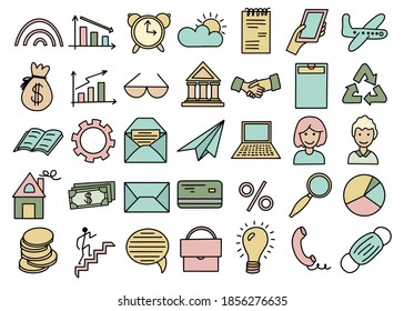 Small Vector Color Pictures. Set Of Business Icons In Drawing And Outline Style.