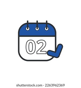 Small vector flat icon of blue calendar with specific day, appointment book set on day 02.