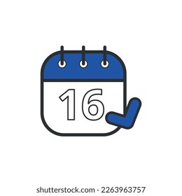 Small vector flat icon of blue calendar with specific day, appointment book set on day 16.