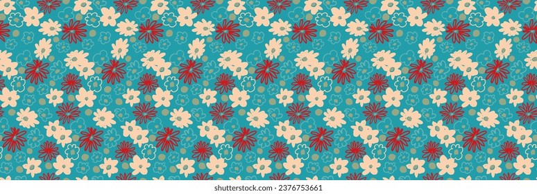 Small vector flowers daisy seamless pattern. Natural wallpaper, floral decoration illustration. Hand drawn elements. Children's drawing.