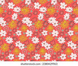 Small vector flowers daisy seamless pattern. Natural wallpaper, floral decoration illustration. Hand drawn elements. Children's drawing. Print for a dress or swimsuit