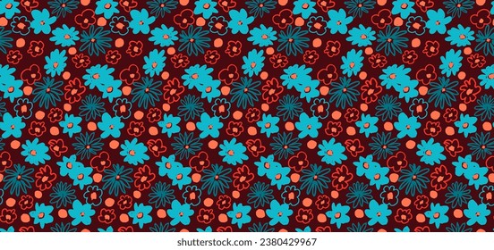 Small vector flowers daisy seamless pattern. Natural wallpaper, floral decoration illustration. Hand drawn elements. Children's drawing. Print for a dress or swimsuit
