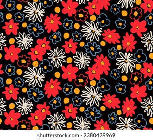 Kleine Vektorblumen schmücken nahtloses Muster. Natürliche Tapete, Blumendekoration. Handgezeichnete Elemente. Kinderzeichnung. Drucken für ein Kleid oder einen Badeanzug