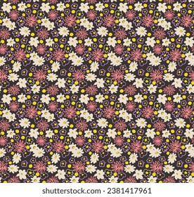 Small vector flowers daisy seamless pattern. Natural wallpaper, floral decoration illustration. Hand drawn elements. Children's drawing. Print for a dress or swimsuit
