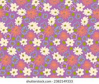 Small vector flowers daisy seamless pattern. Natural wallpaper, floral decoration illustration. Hand drawn elements. Children's drawing. Print for a dress or swimsuit