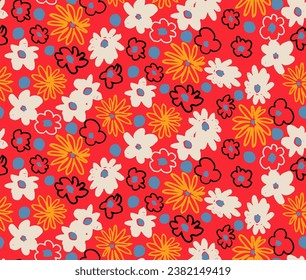 Small vector flowers daisy seamless pattern. Natural wallpaper, floral decoration illustration. Hand drawn elements. Children's drawing. Print for a dress or swimsuit
