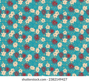 Small vector flowers daisy seamless pattern. Natural wallpaper, floral decoration illustration. Hand drawn elements. Children's drawing. Print for a dress or swimsuit