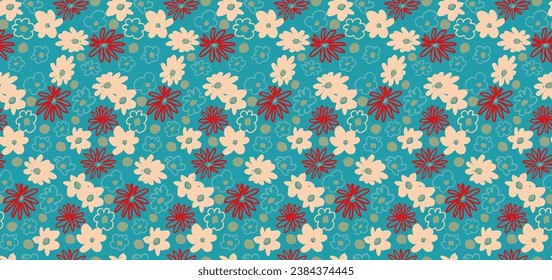 Small vector flowers daisy seamless pattern. Natural wallpaper, floral decoration illustration. Hand drawn elements. Children's drawing. Print for a dress or swimsuit