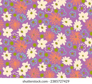 Small vector flowers daisy seamless pattern. Natural wallpaper, floral decoration illustration. Hand drawn elements. Children's drawing. Print for a dress or swimsuit