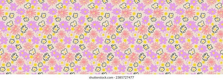 Small vector flowers daisy seamless pattern. Natural wallpaper, floral decoration illustration. Hand drawn elements. Children's drawing. Print for a dress or swimsuit