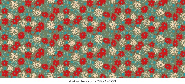 Small vector flowers daisy seamless pattern. Natural wallpaper, floral decoration illustration. Hand drawn elements. Children's drawing. Print for a dress or swimsuit