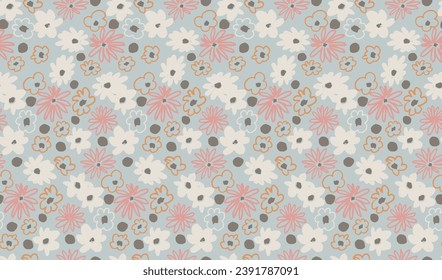 Small vector flowers daisy seamless pattern. Natural wallpaper, floral decoration illustration. Hand drawn elements. Children's drawing. Print for a dress or swimsuit