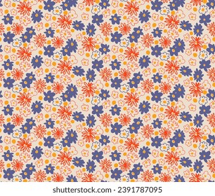 Small vector flowers daisy seamless pattern. Natural wallpaper, floral decoration illustration. Hand drawn elements. Children's drawing. Print for a dress or swimsuit