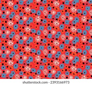Small vector flowers daisy seamless pattern. Natural wallpaper, floral decoration illustration. Hand drawn elements. Children's drawing. Print for a dress or swimsuit