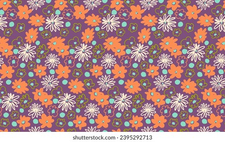 Small vector flowers daisy seamless pattern. Natural wallpaper, floral decoration illustration. Hand drawn elements. Children's drawing. Print for a dress or swimsuit