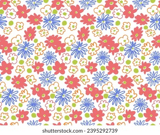 Pequeñas flores vectoriales con un patrón sin fisuras. Papel de pared natural, ilustración de decoración floral. Elementos dibujados a mano. Dibujo infantil. Imprimir para un vestido o traje de baño