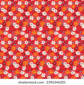 Small vector flowers daisy seamless pattern. Natural wallpaper, floral decoration illustration. Hand drawn elements. Children's drawing. Print for a dress or swimsuit