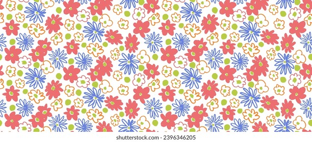 Small vector flowers daisy seamless pattern. Natural wallpaper, floral decoration illustration. Hand drawn elements. Children's drawing. Print for a dress or swimsuit