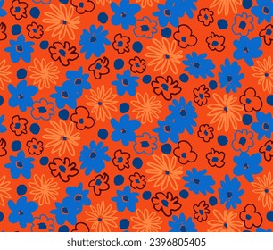 Small vector flowers daisy seamless pattern. Natural wallpaper, floral decoration illustration. Hand drawn elements. Children's drawing. Print for a dress or swimsuit