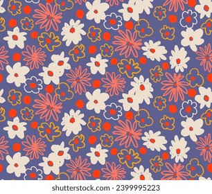 Small vector flowers daisy seamless pattern. Natural wallpaper, floral decoration illustration. Hand drawn elements. Children's drawing. Print for a dress or swimsuit