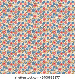 Small vector flowers daisy seamless pattern. Natural wallpaper, floral decoration illustration. Hand drawn elements. Children's drawing. Print for a dress or swimsuit