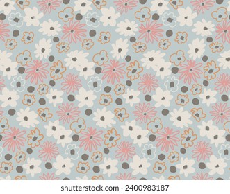 Small vector flowers daisy seamless pattern. Natural wallpaper, floral decoration illustration. Hand drawn elements. Children's drawing. Print for a dress or swimsuit