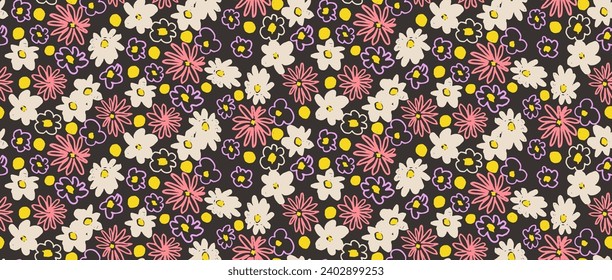 Small vector flowers daisy seamless pattern. Natural wallpaper, floral decoration illustration. Hand drawn elements. Children's drawing. Print for a dress or swimsuit
