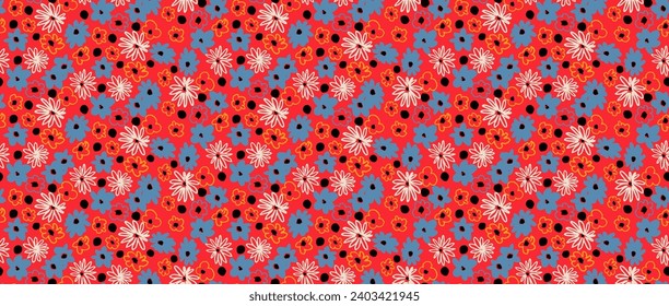 Small vector flowers daisy seamless pattern. Natural wallpaper, floral decoration illustration. Hand drawn elements. Children's drawing. Print for a dress or swimsuit
