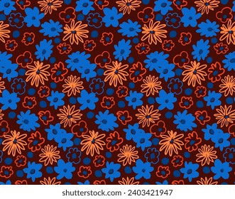 Small vector flowers daisy seamless pattern. Natural wallpaper, floral decoration illustration. Hand drawn elements. Children's drawing. Print for a dress or swimsuit