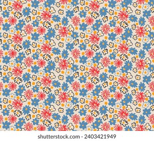 Kleine Vektorblumen schmücken nahtloses Muster. Natürliche Tapete, Blumendekoration. Handgezeichnete Elemente. Kinderzeichnung. Drucken für ein Kleid oder einen Badeanzug