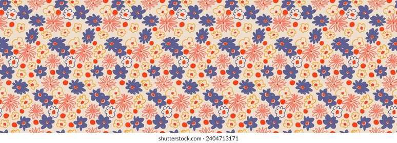 Small vector flowers daisy seamless pattern. Natural wallpaper, floral decoration illustration. Hand drawn elements. Children's drawing. Print for a dress or swimsuit