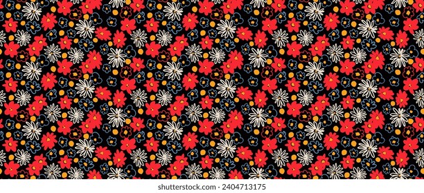 Small vector flowers daisy seamless pattern. Natural wallpaper, floral decoration illustration. Hand drawn elements. Children's drawing. Print for a dress or swimsuit