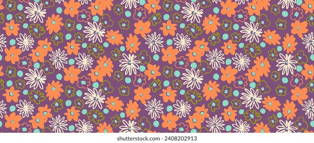 Small vector flowers daisy seamless pattern. Natural wallpaper, floral decoration illustration. Hand drawn elements. Children's drawing. Print for a dress or swimsuit
