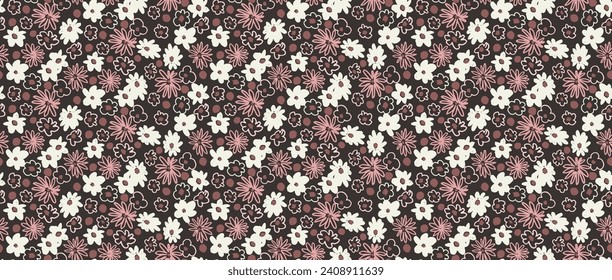 Small vector flowers daisy seamless pattern. Natural wallpaper, floral decoration illustration. Hand drawn elements. Children's drawing. Print for a dress or swimsuit