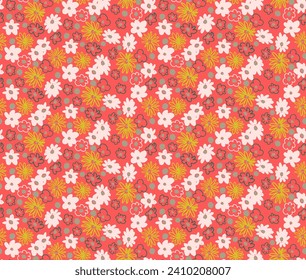 Small vector flowers daisy seamless pattern. Natural wallpaper, floral decoration illustration. Hand drawn elements. Children's drawing. Print for a dress or swimsuit