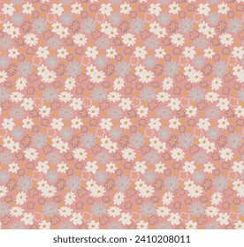 Small vector flowers daisy seamless pattern. Natural wallpaper, floral decoration illustration. Hand drawn elements. Children's drawing. Print for a dress or swimsuit