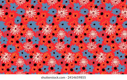Small vector flowers daisy seamless pattern. Natural wallpaper, floral decoration illustration. Hand drawn elements. Children's drawing. Print for a dress or swimsuit