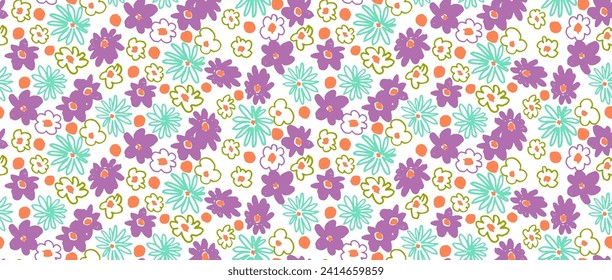 Small vector flowers daisy seamless pattern. Natural wallpaper, floral decoration illustration. Hand drawn elements. Children's drawing. Print for a dress or swimsuit