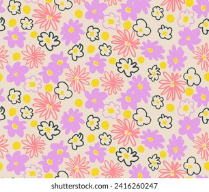 Small vector flowers daisy seamless pattern. Natural wallpaper, floral decoration illustration. Hand drawn elements. Children's drawing. Print for a dress or swimsuit