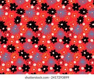 Small vector flowers daisy seamless pattern. Natural wallpaper, floral decoration illustration. Hand drawn elements. Children's drawing. Print for a dress or swimsuit