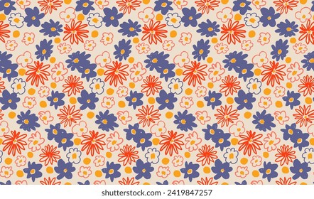 Small vector flowers daisy seamless pattern. Natural wallpaper, floral decoration illustration. Hand drawn elements. Children's drawing. Print for a dress or swimsuit