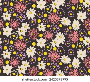 Small vector flowers daisy seamless pattern. Natural wallpaper, floral decoration illustration. Hand drawn elements. Children's drawing. Print for a dress or swimsuit